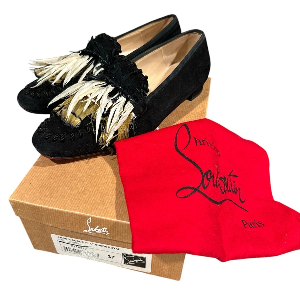 CHRISTIAN LOUBOUTIN Made in Italy Black Suede Croc Woodoo Feather Loafers
